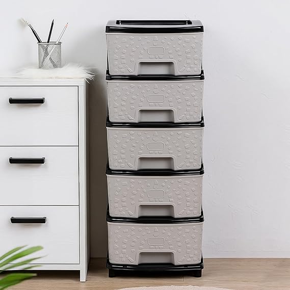 Amazon Basics Plastic 5 Rack Multipurpose Modular Drawer Storage Rack | Kitchen & Home Essentials Organizer Storage Box Cabinet | Almira Set for Stationary, Kitchen, Cosmetic |Black & Grey | 36D x 30W x 77H cms