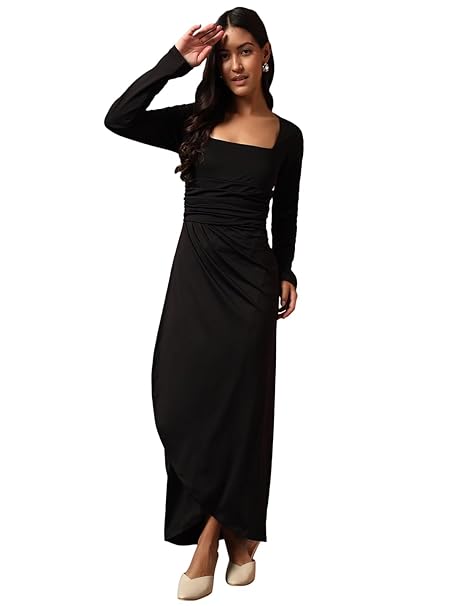 Women's Bodycon Midi Dress | Square Neck Wrap Style | Stretchable | Full Sleeve Fitted Dress for Party, Evening, Casual Outings & Date Night