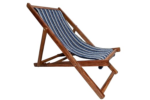 iAnanas Sheesham Wood Relaxing Chair for Living Room Portable Folding Patio Chair Wooden Easy Chair for Bedroom Outdoor Lounge Chair (Blue)