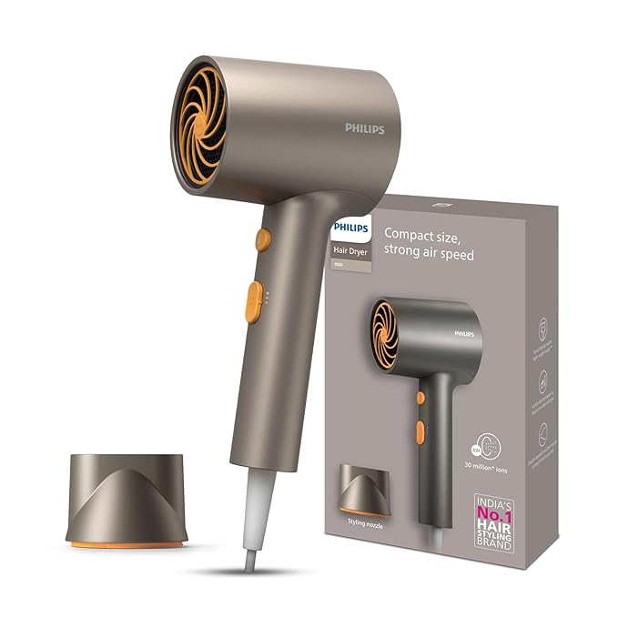 Philips India's No.1 Hair Styling Brand - Glass like Shine Hair Dryer | 1600W | 4 Heat x Speed Modes | 30M Negative ions | Travel-Friendly | For Indian Hair | BHD321