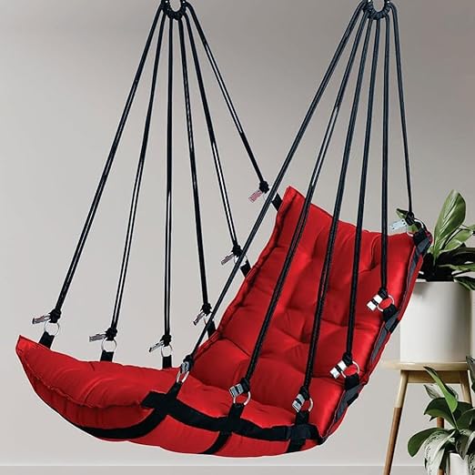 JULJULIA Swing for Balcony Comfortable Cotton Swing Relaxing Jhula for Adults for Home Indoor Outdoor Hanging Seat for Apartment Patio Terrace Garden- 200 kg Weight Capacity - JJ Plain RED