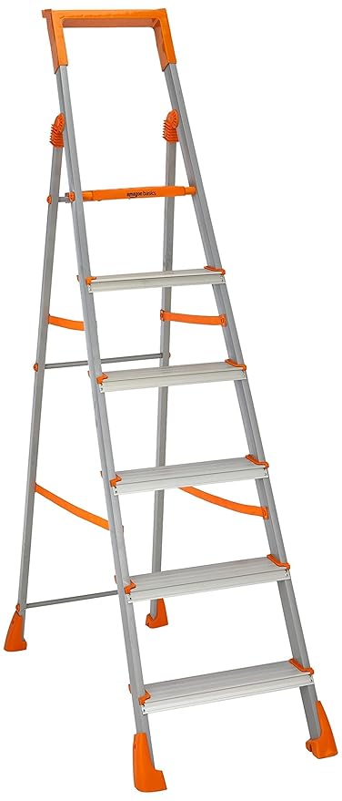 Amazon Basics Clamber Pro+ - Foldable Step Ladder with Tool Tray, Firm Grip, 6 Steps (Aluminium Steps, Orange & Satin)