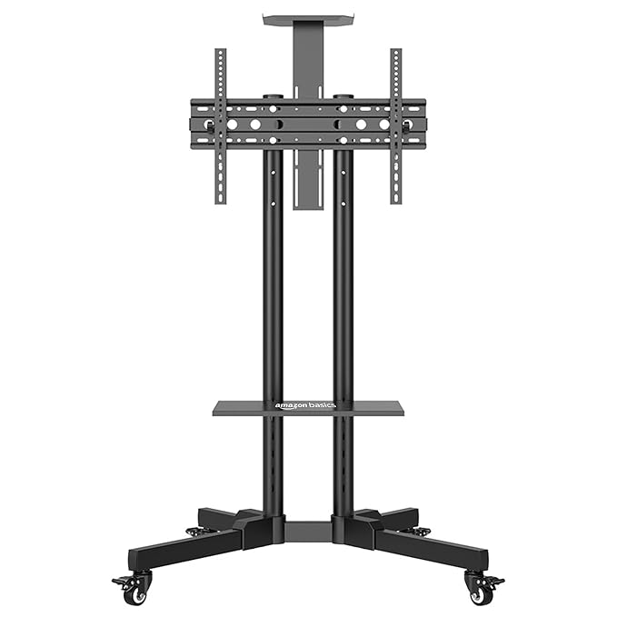Amazon Basics Adjustable Height Movable TV Stand with Wheels | Rolling Metal TV Trolley/Cart/Mount for 32”-75” Flat/Curved Screens | Height Adjustable with Shelf | Black