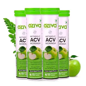 OZiva ACV Moringa | Control Cravings I Apple Cider Vinegar, Cinnamon, Guggul I No Maltodextrin & No Added Sugar I 15 Effervescent Tablets - Green Apple, Pack of 4 (60 tablets)