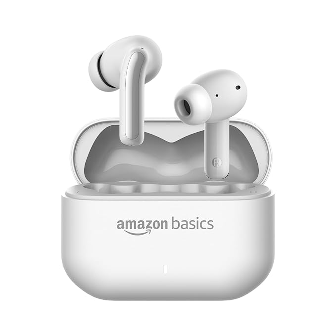 Amazon Basics Pro Series Wireless in Ear Earbuds, Bluetooth 6.0 TWS Earphones with Mic, 4 Mics ENC, 55H Playtime, Fast Charging, Smart Touch Control, 12mm Driver, IPX4 Water Resistant (White)