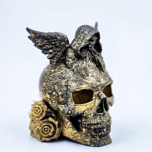 Gothic Skull Showpiece with Angel & Roses | 3D Printed Golden Black Figurine | Halloween Decoration, Horror Collectible & Gothic Home Decor