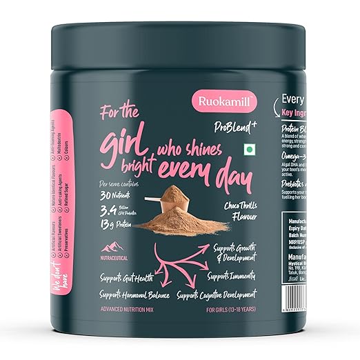 Ruokamill Teen Girls Nutrition Mix | Age 13-18y | Supports Growth, Focus, Hormonal Balance & Immunity | 30 Nutrients, 13g Protein, Omega-3, 3.4B CFU Probiotics | No Refined Sugar | (400g, Chocolate)