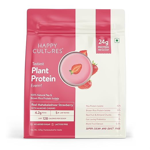 Happy Cultures 24g Tastiest Plant Protein| Mahabaleshwar Strawberry & Almond Chunks| No Added Sugar| Pea & Brown Rice Protein Isolate| Vegan| 20 Complete Amino Acids| Monk Fruit Extract| Women & Men| No Bloating, Easy to Digest| Dairy Free with Probiotics - 505g