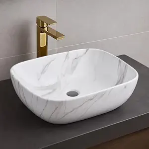 HISRE Table Top Wash Basin For Bathroom | Over Counter Top Wash Basin For Living Room | Washbasin Countertop | Tabletop Ceramic Bathroom Kitchen Sink (45 x 33 x 13 CM) (White - SKT1034)