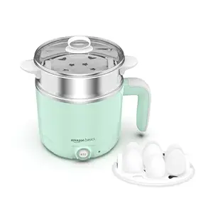 Amazon Basics Multi-Cook Pot, Adjustable Power (325W/650W) with 7-Egg Tray & Steamer, SS 304 Steel, Automatic Overheat Protection, Multipurpose Kettle for Water, Tea, Noodles & Steam Rice, Green, 1.2L