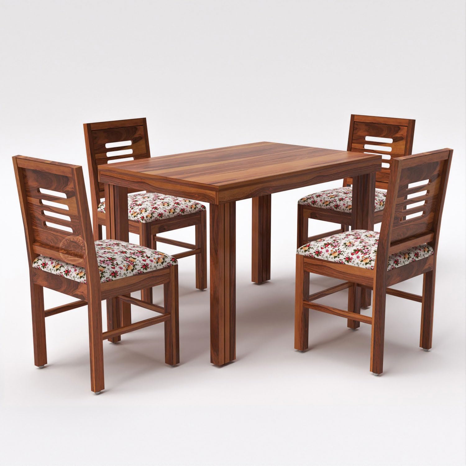VK Furniture Sheesham Solid Wood 4 Seater Dining Table Set of Four with 4 Print Cushion Chairs for Dinner Hall Kitchen Living Room Home Office Restaurant |L45 X W30 X H30|Honey Natural Finish