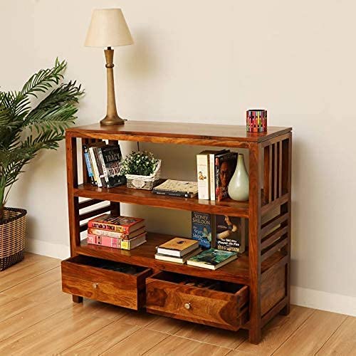 VK Furniture Sheesham Wood Console Table for Living Room Hall Home | Wooden Furniture Console Table Multipurpose Use 3 Shelves and 2 Drawer Storage for Study Room Office | Brown Finish