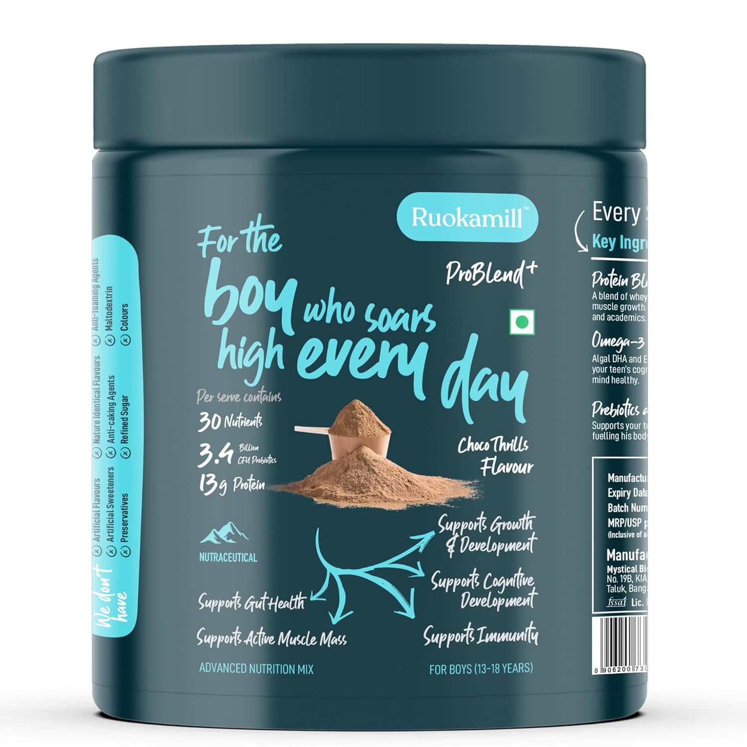 Ruokamill Teen Boys Nutrition Mix | Age 13-18y | Supports Growth, Sports performance, Focus & Immunity | 30 Nutrients, 13g Protein, Omega-3, 3.4B CFU Probiotics | No Refined Sugar | (400g, Chocolate)