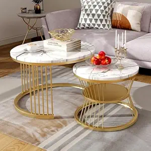 Nesting Coffee Table, 20" Round Coffee Table Set of 2, Wooden Nesting Table with Metal Frame, Center Tables for Living Room Bedroom Balcony Bedside Table Gold White