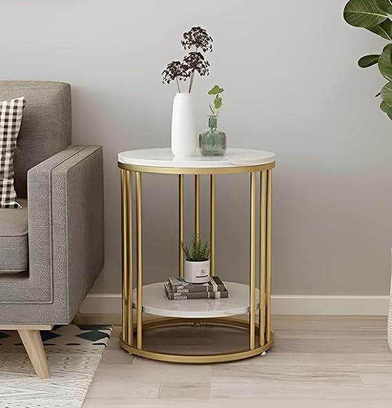 Coffee Table/End Table/Center Table/Corner Table/Sofa Side Table/BedsideTable/nightstand for Living Room Bedroom Balcony Table with Marble Design Wooden Top Golden
