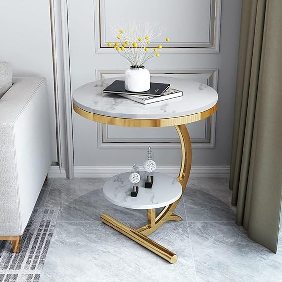 Round End Table Accent Small Sofa Side Corner Table Nightstand Modern Bedside Table for Living Room Bedroom Office Small Spaces Coffee Table Table with Storage Shelf Gold White D2