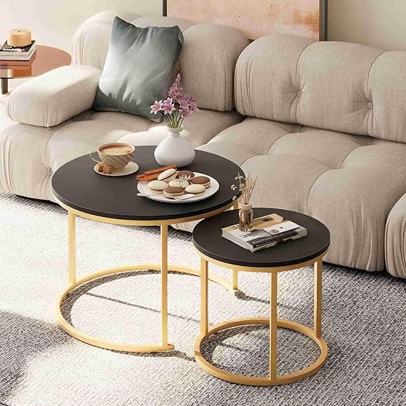 Modern Round Nesting Coffee Table Set of 2 with Marble Finish Top & Metal Frame Small & Large Center Table for Living Room, Bedroom, Sofa Side, Home Décor Golden Black