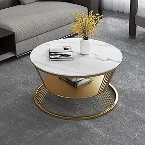 Modern Coffee Table, Round Accent Center Table with Faux Marble Pattern Wooden Top & Gold Metal Sofa SideTable Frame for Living Room Bedroom Office Balcony D6
