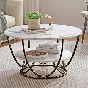 Round Coffee Table Modern Sofa Side End Table for Living Room Center Table with 2 Shelf Storage Wooden Marble Print Tabletop Black White