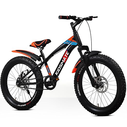 Kidsmate Stario Bike 20 x 300 Kids Cycle with Front Suspension | Dual Disc Brake | Ideal 7-10 Years 20T Fat Tyre Cycle - Matt Black
