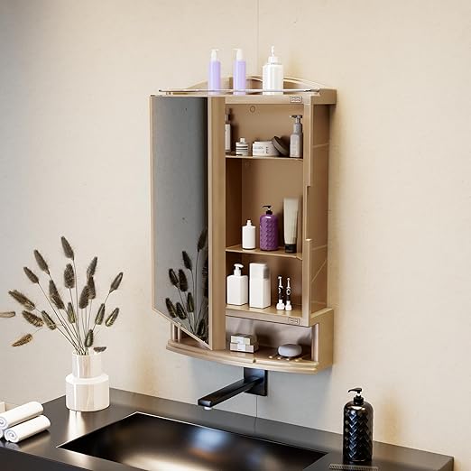 Happer Plastic Premium Multipurpose Wall Mounted Storage Cabinet with Mirror, Prime Look (Champagne Gold)