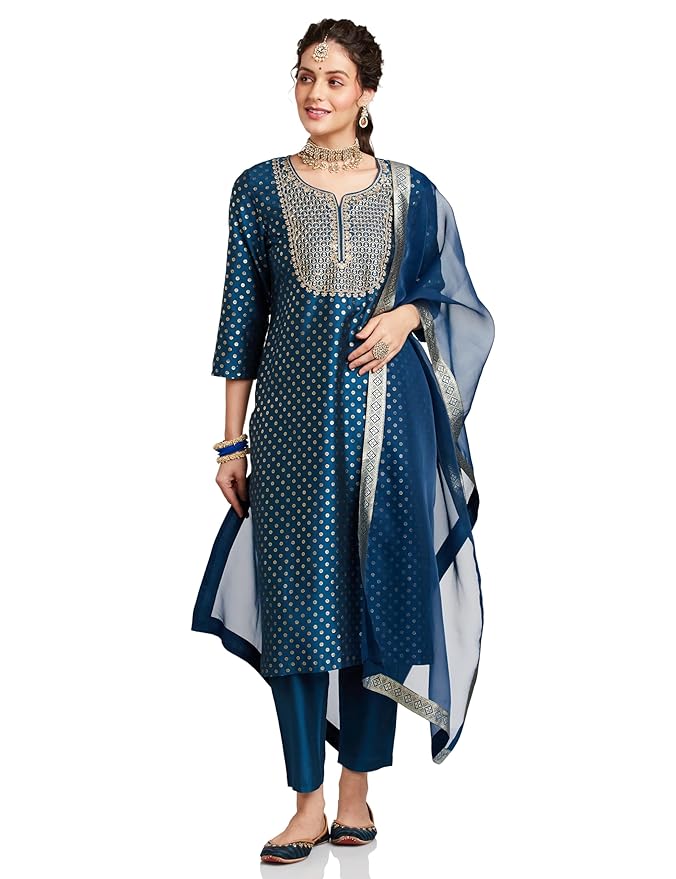 Amazon Brand - Myx Women's Embroidered Kurta Set with Organza Dupatta (Available in Plus Sizes)