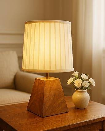 Homesake® Wood Table Lamp, Modern Base Fabric Lampshade for Home Office Cafe Restaurant, Pyramid, (White)