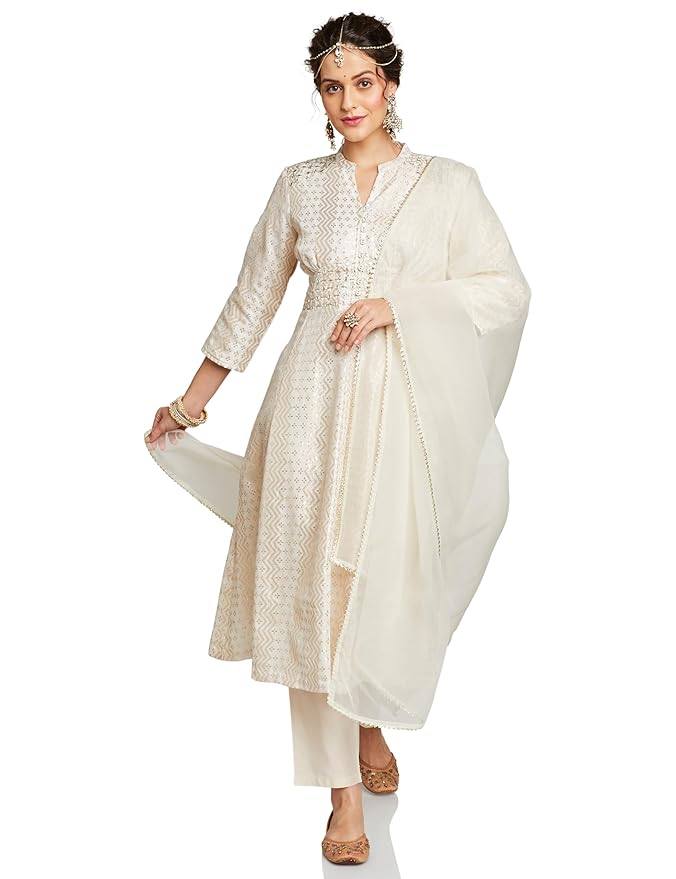 Amazon Brand - Myx Women's Embroidered Anarkali Kurta Set with Organza Dupatta in Chanderi Blend (Available in Plus Sizes)