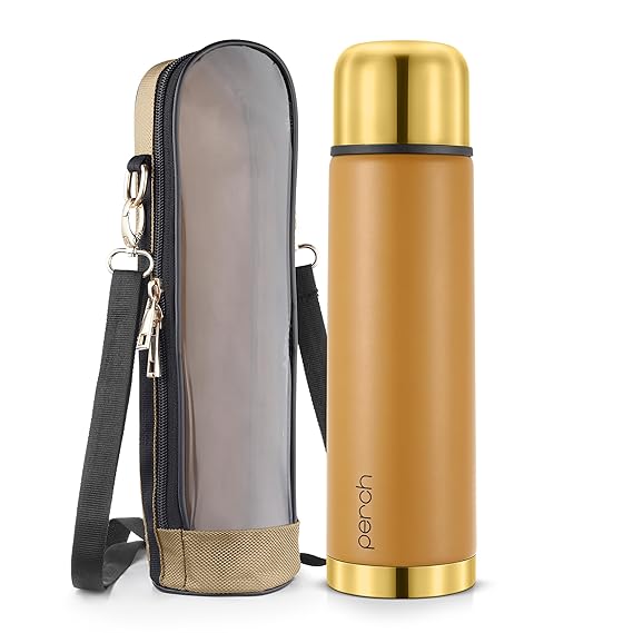 Perch California Hot and Cold Steel Water Bottle 1 Litre, ISI Certified, Vacuum Insulated with Transparent Brown Bag | Leak Proof, BPA-Free | Premium Gifting Flask for Office, School, Gym | Gold-Amber