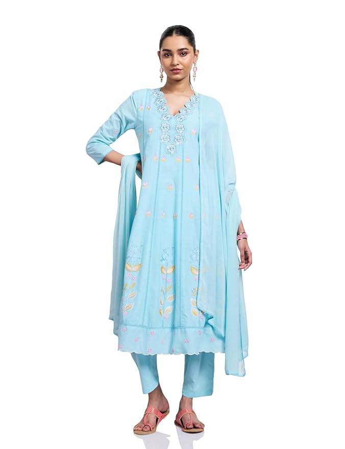 Amazon Brand - Myx Women's Pure Cotton A-Line 3 piece Schiffli Suit Set (Available in Plus Sizes)