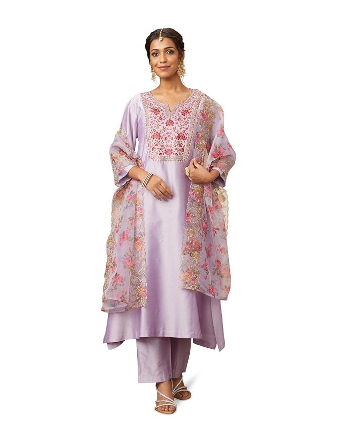 Amazon Brand - Myx Women's Kurta Pant Set with Embroidered Organza Dupatta | A-line fit (Available in Plus Sizes)