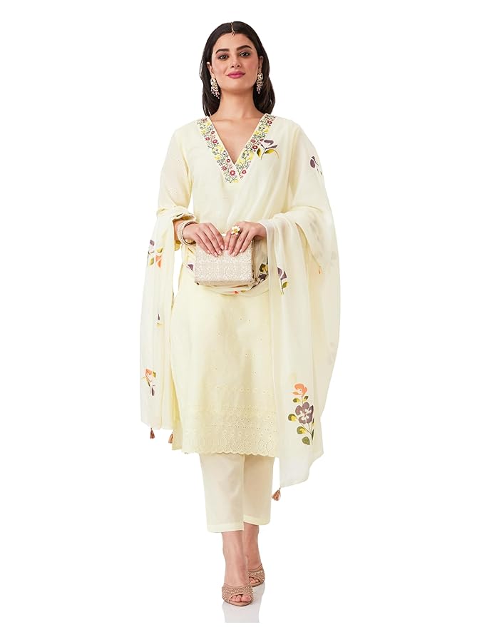 Amazon Brand - Myx Women Embroidered Cotton Kurta Pant Set with Dupatta (Available in Plus Sizes)