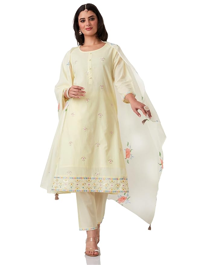 Amazon Brand - Myx Women's Embroidered Cotton Kurta Pant Set with Dupatta (Available in Plus Sizes)|Straight Fit
