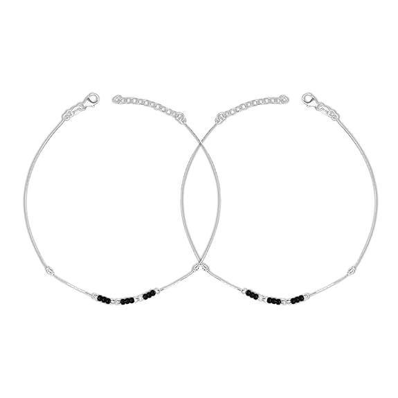 ZAVYA 925 Sterling Silver Coloured Beads Rhodium Plating Chain Anklet (Pair) | Gift for Women & Girls | 1 Year Plating Warranty