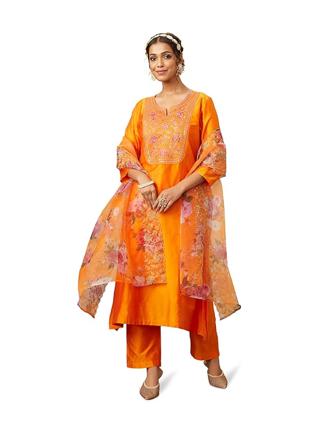 Amazon Brand - Myx Women's Kurta Pant Set with Embroidered Organza Dupatta | A-line fit (Available in Plus Sizes)