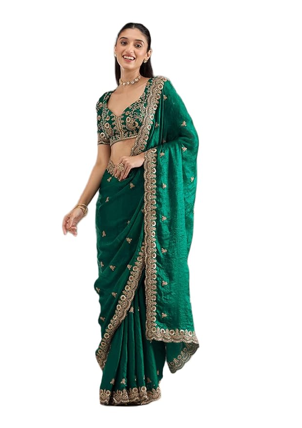 Amazon Brand - Tavasya Women's Soft Fandy Chiffon Saree with Heavy Embroidery Sequins Work, Elegant Border & Designer Pallu, Paired with Fully Embroidered Fandy Chiffon Blouse Piece