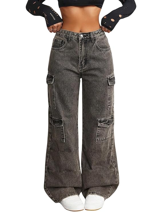 GRECIILOOKS Cargo Jeans for Women – Wide Leg High Waist Baggy Denim Pants | Casual Straight Fit Trousers with Utility Pocket Design
