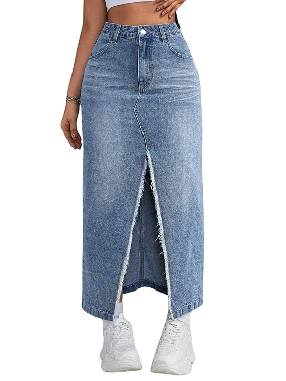 GRECIILOOKS Women's High Waist Denim Skirt with Front Slit – Long Maxi Jean Skirt Casual Fashion – Stylish Denim Skirts for Women