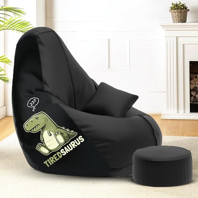 Amazon Brand - Solimo 3XL Premium Faux Leather Bean Bag, Filled with Beans | Capacity: Upto 6 Ft 3 in Height, 120 KG Weight | Bean Bag with Beans Filled for Home, Living Room | Tired Saurus Print