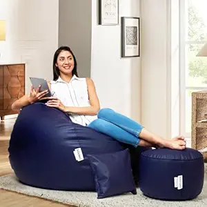 Amazon Brand - Solimo 4XL Premium Faux Leather Bean Bag with Footstool & Cushion Combo for Living Room | Bean Bag Filled with Beans | Capacity Upto 6'5" Height & 125 Kg Weight | (Blue)