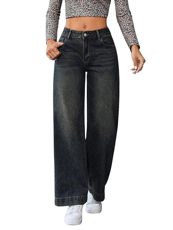 GRECIILOOKS Women's Regular Fit High Rise Jeans | Pant | Baggy High Waist | Bell Bottom | Casual Straight Fit Trousers with Utility Pocket Design