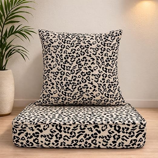 Multipurpose 40x40x8 CM Woven Fashionable High Densitiy Foam Cushion Set for Floor, Patio, Chair and Balcony Garden Seating - Beige & Black Animal - Small Size Set - 16x16x3 Inch