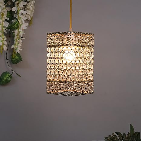 Homesake Crystal Beaded Pendant Light - Antique Gold Finish, Boho Style, Modern Ceiling Lamp for Living Room, Bedroom, Dining Room, Elegant Lighting Fixture, Home Décor(Gold)