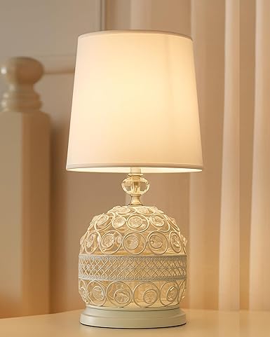 Homesake® Modern Small Crystal Table Lamp,Contemporary Bedroom Bedside Nightstand Lamp,Morden Minimalist, Desk Globe Lamp for Living Room Girls Kids Room, White Fabric Shade (White)