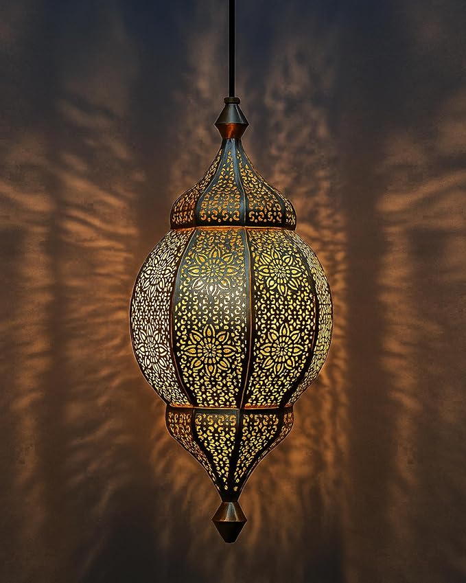 Homesake Moroccan Orb Hanging Lamp Pendant Light for Home Decor|Vintage Ceiling Light Fixture Cutwork Design|Ambient Lighting for Living Room,Bedroom,Dining Room, Ramadan Decorations for Home(Golden)