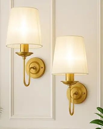 Homesake® Antique Brass Wall Sconces Lighting Fixture, E27 Industrial Vintage Gold Wall Light Lamp Bathroom Decor for Bedroom Living Room, Sheen Fabric Shade, Brass (Gold, Set of 2)
