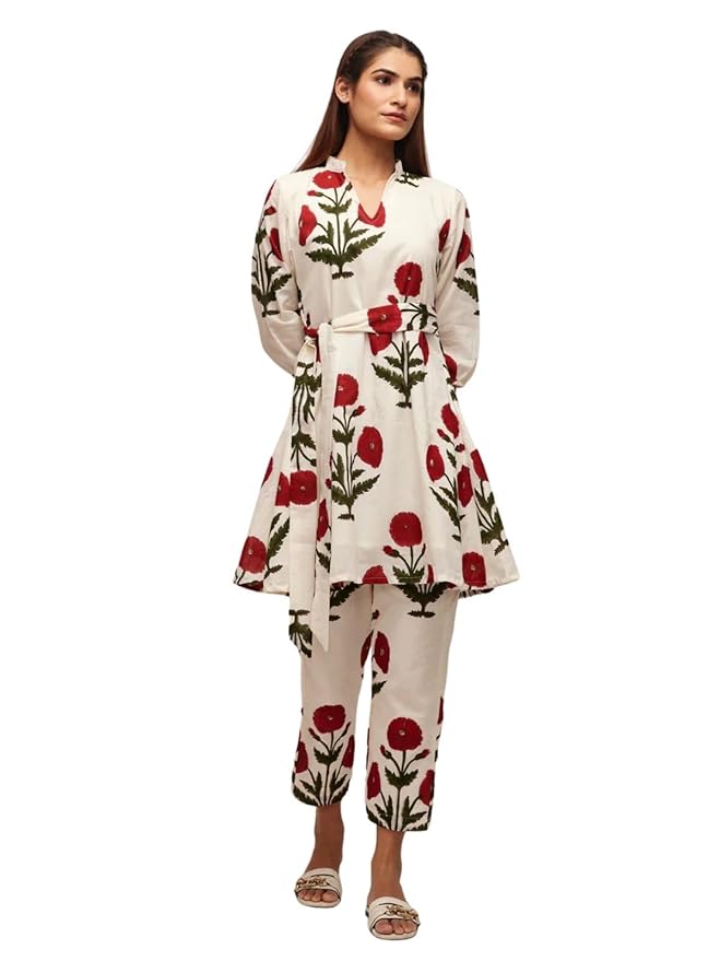 Leriya Fashion White Kurti Set for Women | V-Neck Straight Kurta Sets for Woman | Summer Co ord Set For Women Stylish | Ethnic Kurtis for Office Outfit | Floral Printed Kurtis 3/4 Sleeve