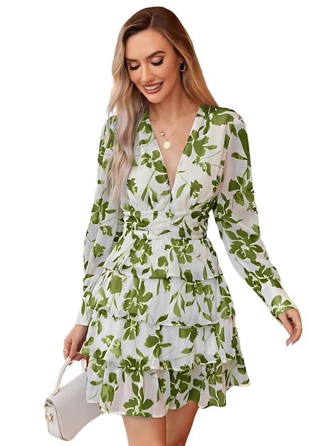 Leriya Fashion Women’s V-Neck Floral Print Ruffle Long Sleeve A-Line Mini Dress | Elegant Casual Party Outfit | Lightweight Layered Summer Wear