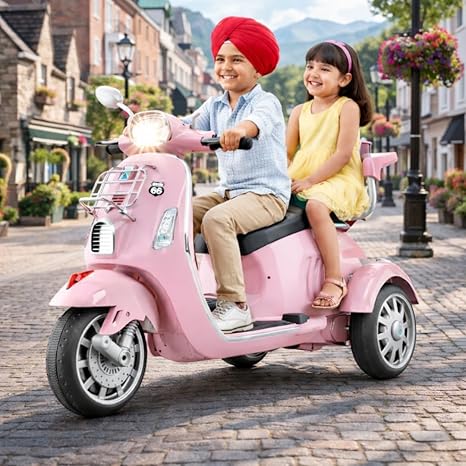 Little Pup Kids Battery Operated Ride-On Scooter with Backrest & Safety Guard | Electric 3-Wheel Ride-On Toy for Boys & Girls | Music, Headlight & Horn | Ages 2 to 8 Years (Pink)