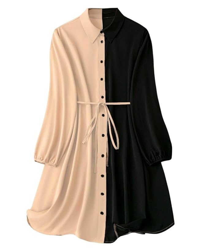 Leriya Fashion Women's Colorblock Shirt Dress | Long Sleeve Belted Tunic | Stylish Casual Wear
